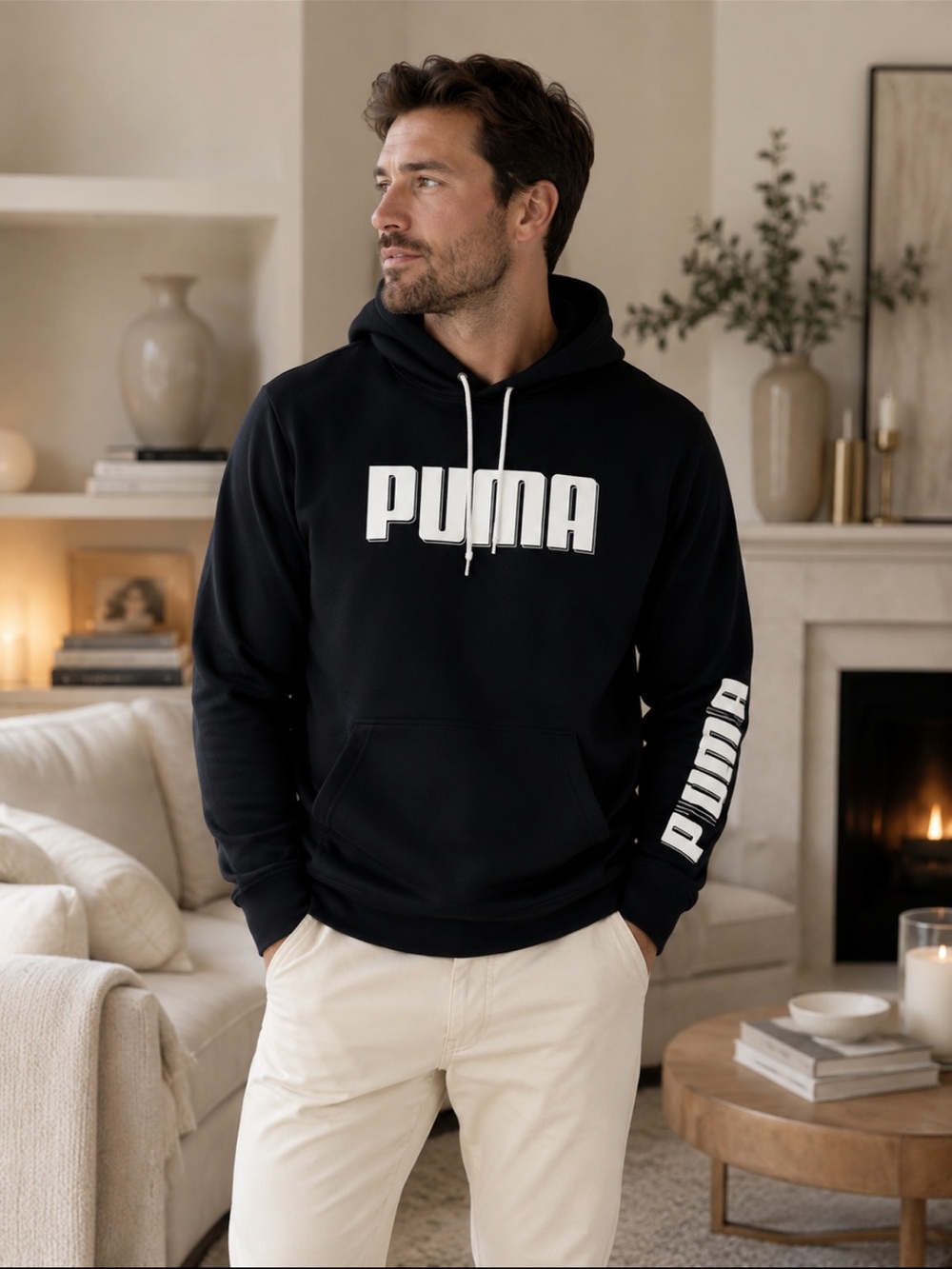 Men’s Puma Black Hoodie with White Chest Logo and Striped Sleeve Accents❤️L